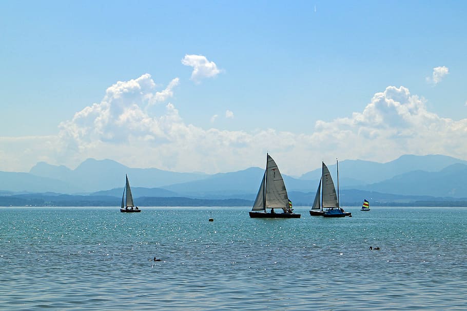 sailing vessel, sailing boat, boot, lake, blue, waters, nature, clouds, coast, holiday