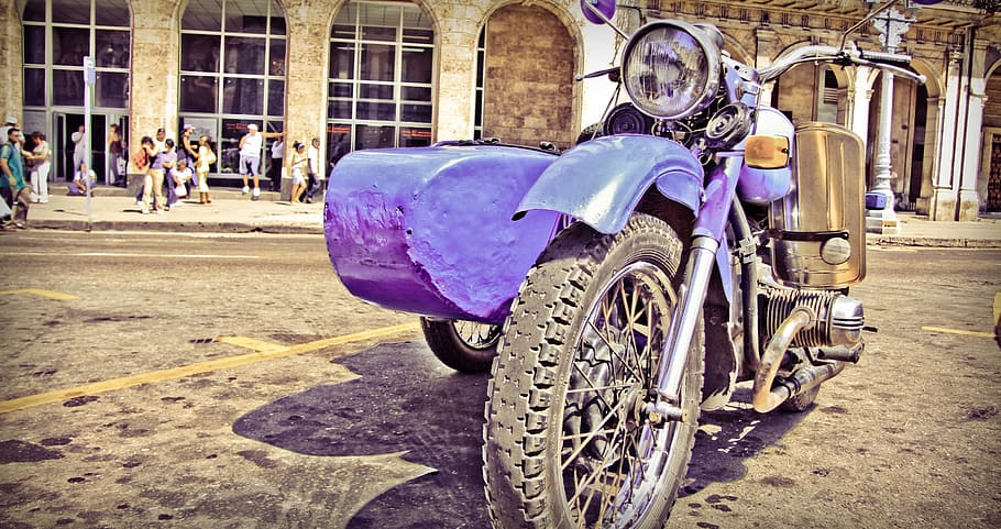 purple, motorcycle, sidecar, parked, building, moto, antique car, havana, yesteryear, old