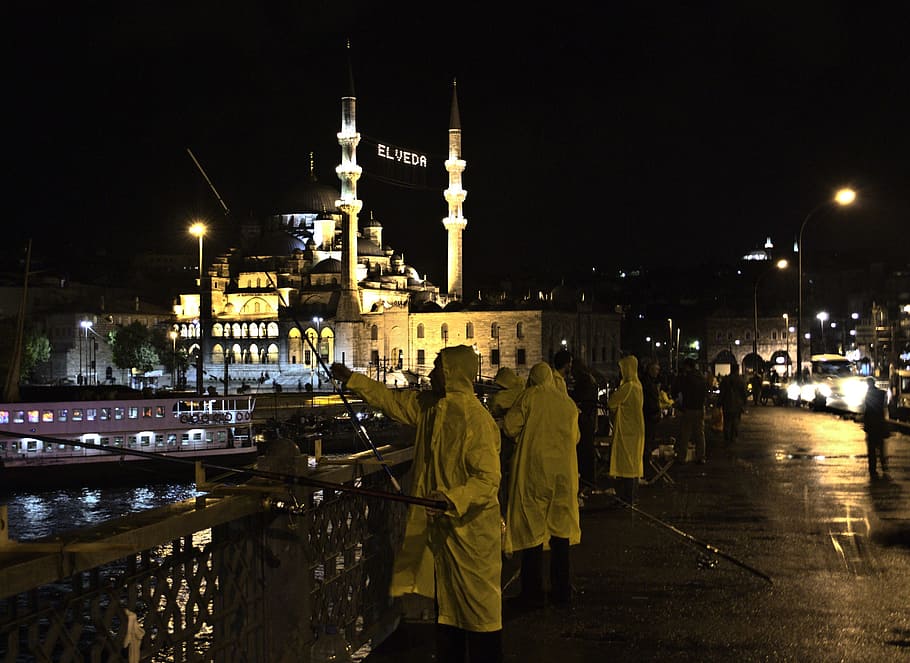Fisherman, Yellow, Bridge, Istanbul, yellow, bridge, fishing, night, catch, people, asia