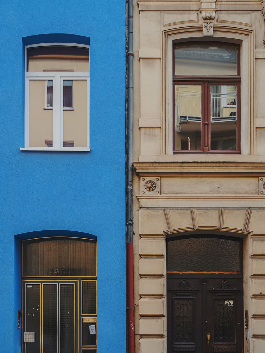 two, blue, beige, concrete, buildings, architecture, building, infrastructure, door, window