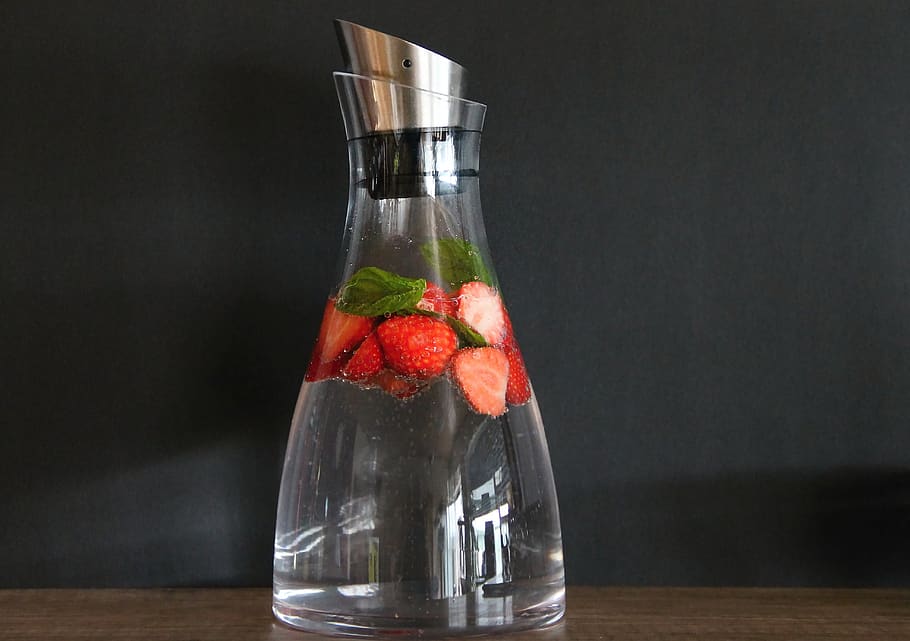 carafe, water, strawberries, mint, refreshment, glass, drink, glass carafe, glass mug, fruit