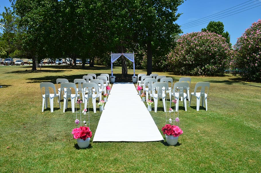 white, plastic armless chairs, green, leaf trees, clear, blue, sky photo, taken, dayitme, wedding