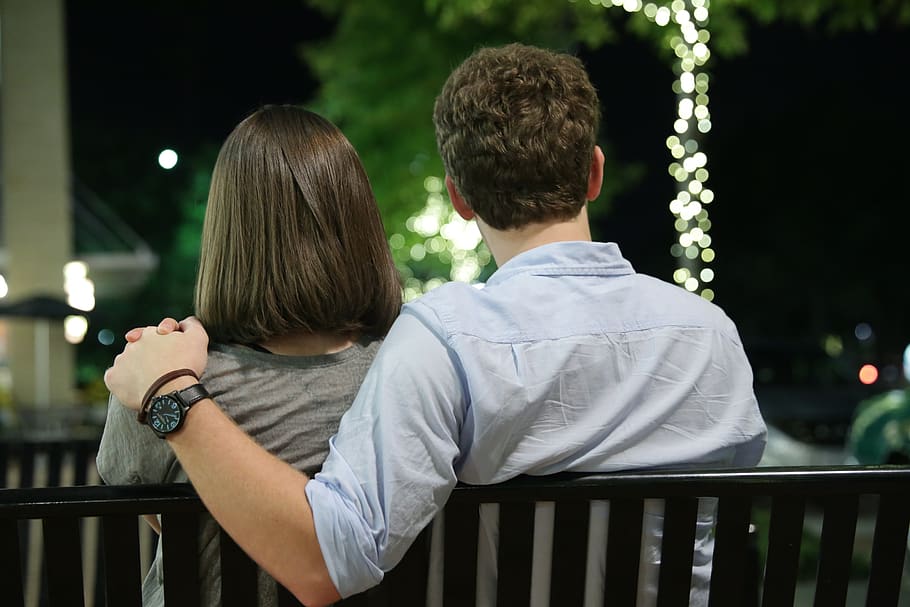love, date, life, city, couple, bench, two people, rear view, men, real people