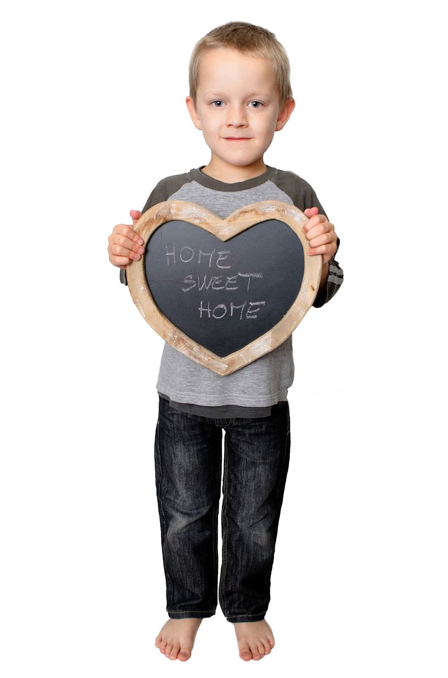 boy hodling heart, shaped, wooden, chalk board, home, sweet, written, letter, boy, heart shaped