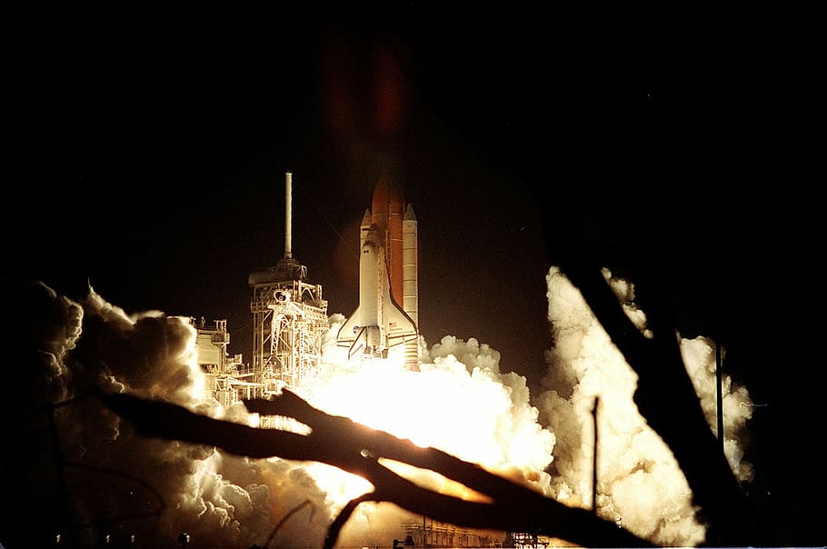 rocket launching photo, launch, space shuttle, discovery, liftoff, night, reflection, spaceship, sky, clouds