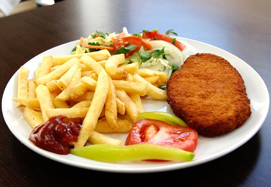 schnitzel, french, breaded, meat, meal, eat, restaurant, plate, delicious, court
