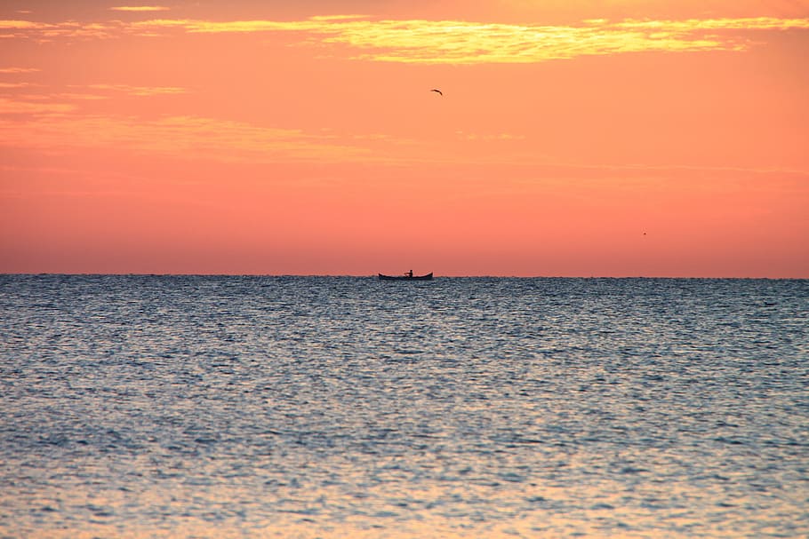 boat, dark, fisherman, fishing, red, sea, sunrise, water, waves, nature