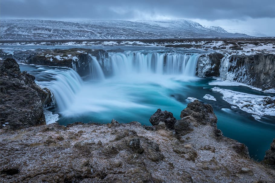 neve do inverno, cachoeiras, inverno, neve, Islândia, natureza, paisagem, natural, selvagem, cachoeira