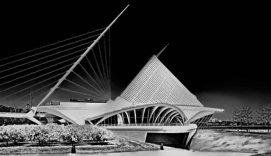 concrete, architecture grayscale photo, museum, santiago calatrava, architecture, black with white, milwaukee, city, urban, built structure