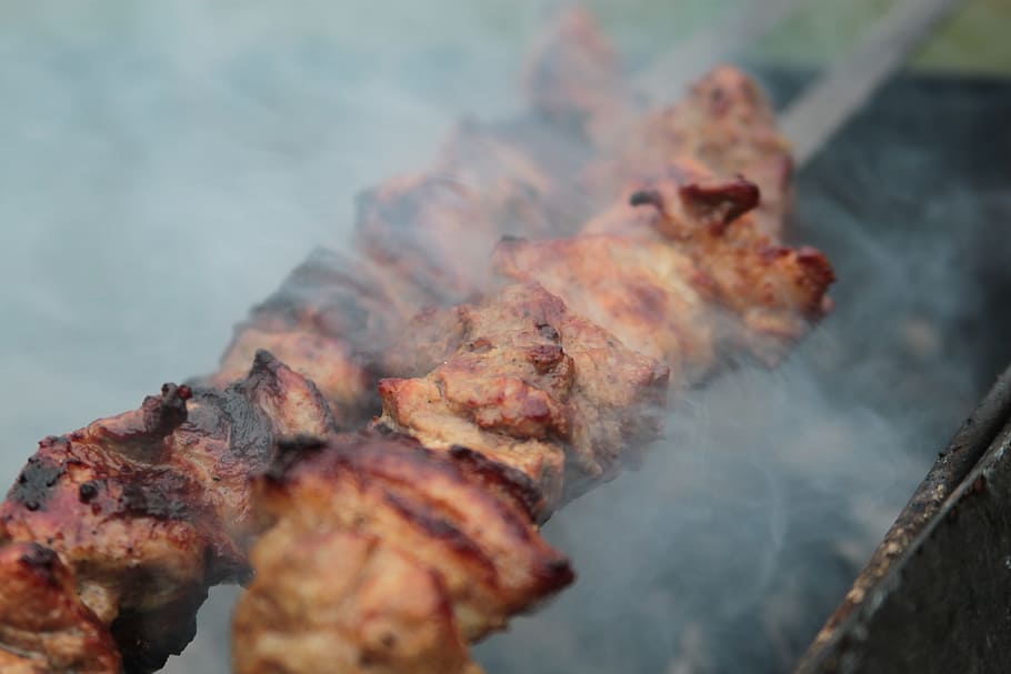 Shish Kebab, Comida, Carne, Mangal, carne frita, espetos, fritura, verão, na natureza, brasas