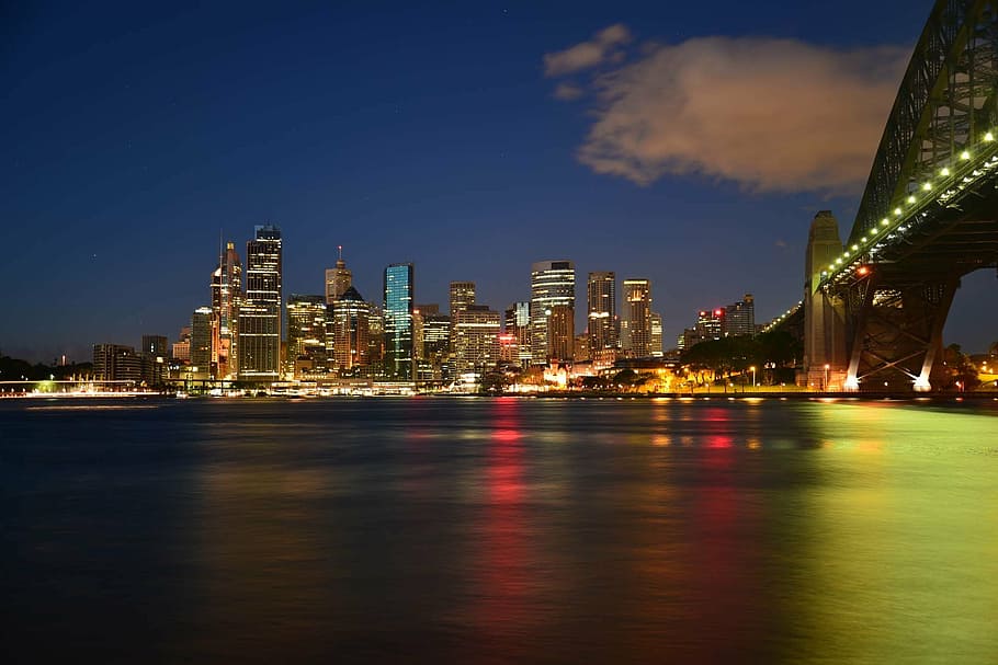 fotografía, edificio de la ciudad, noche, milsons point, sydney, australia, sydney opera house, sydney harbour, luces nocturnas, reflexión