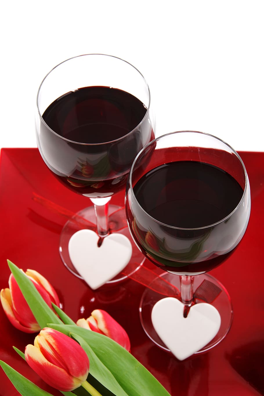 two, half-full, wine glasses, tulips, Anniversary, Celebration, date, decoration, drink, engagement