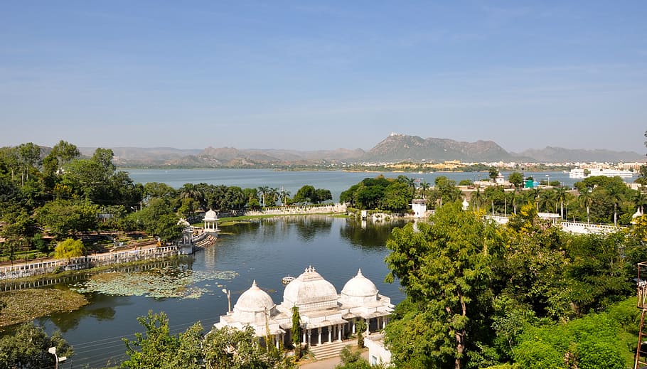 bird-eye, view, mosque, body, water, lake pichola, lake city, udaipur, rajathan, india