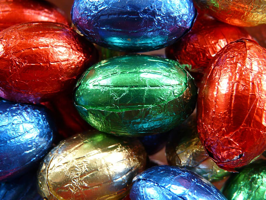 easter eggs, easter, sweetness, nibble, chocolate, colorful, color, silver foil, tinfoil, eat