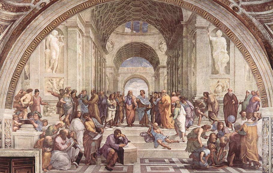 pintura histórica, escuela de arte de atenas, raphaël, pintor italiano, fresco, 1509-1512, pintura, alto renacimiento italiano, papa jules, roma