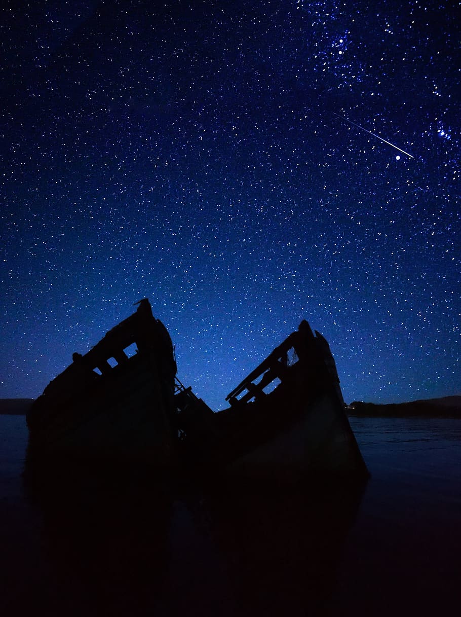 astronomy, night sky stars, landscape, boat, scotland, isle of mull, salen, night, star - space, sky