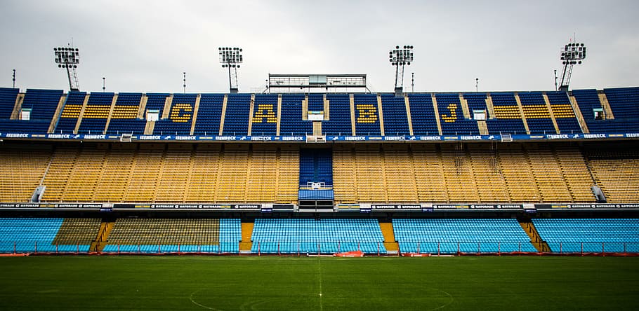 panoramic, photography, blue, yellow, teal football stadium, daytime, boca juniors, club atletico boca juniors, stadium, bombonera