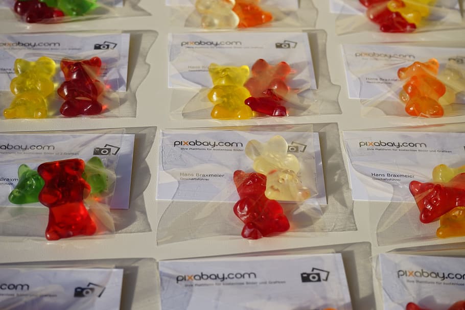 Gummi Bears, Business Cards, Packed, sachets, mitbringsel, cellophane, fruit gums, bear, sweetness, colorful