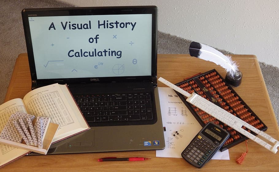 black, gray, laptop, abacus, scientific, calculator, book, top, brown, wooden