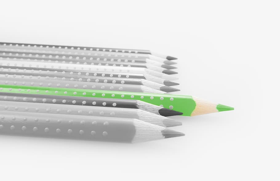 선택적인, 색깔, 녹색, 연필, 색연필, 컬러 연필, 펜, 화려한, 사무실, 사무용품