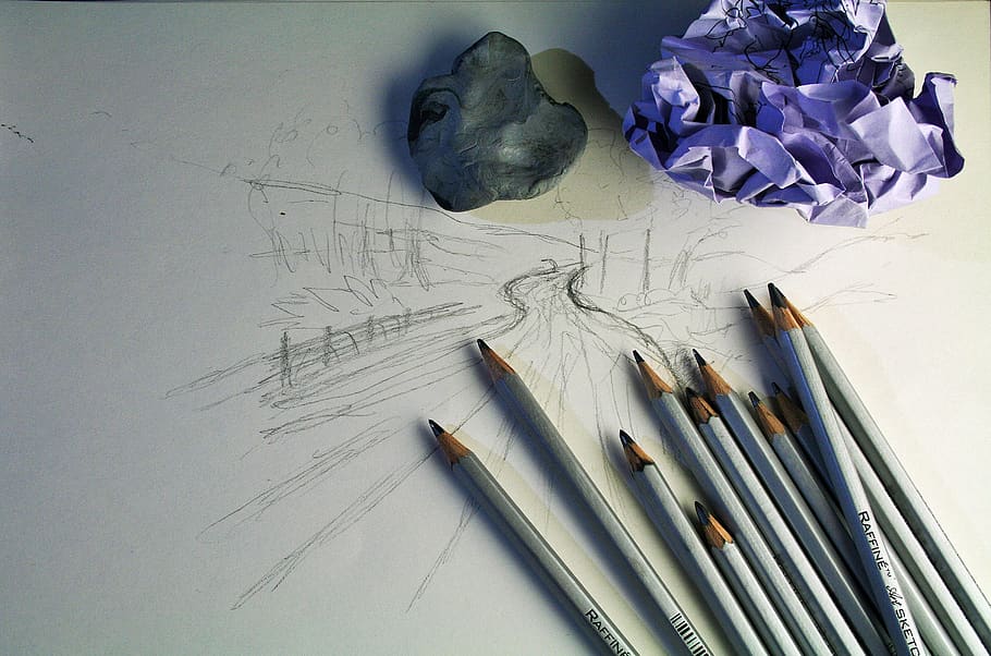 art pencils, pencils, sketch pad, sketch, drawing, paper, crumpled, eraser, art, art and craft