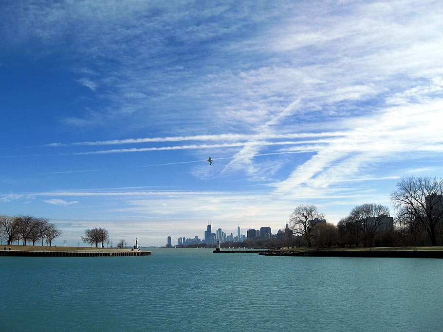 chemtrails, sky, blue, contrails, chicago, clouds, water, lake, building exterior, architecture