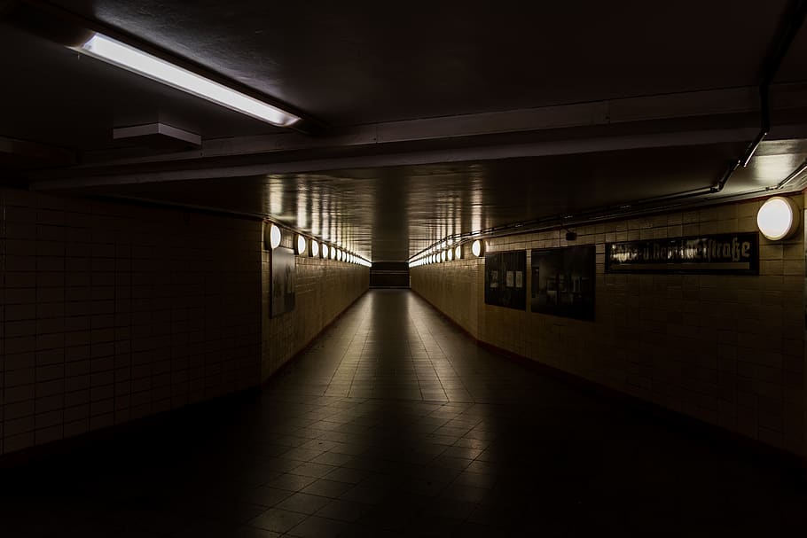 nordbahnhof, berlin, ghost station, corridor, metro, lights, station, dark, illuminated, lighting equipment