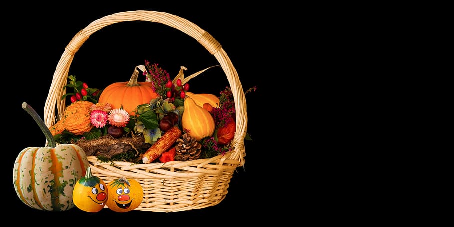 バスケット, 野菜, 黒, 背景, 秋, 収穫, 感謝祭, 秋の装飾, カボチャ, デコ