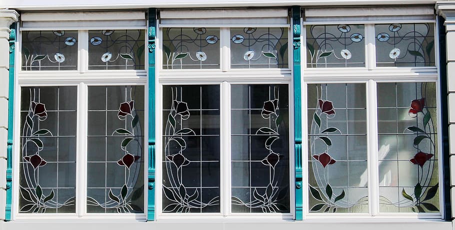 building, art nouveau, window, glass, decorated, window sprouted, cross sprouted, flowers decorated, mirroring, technology