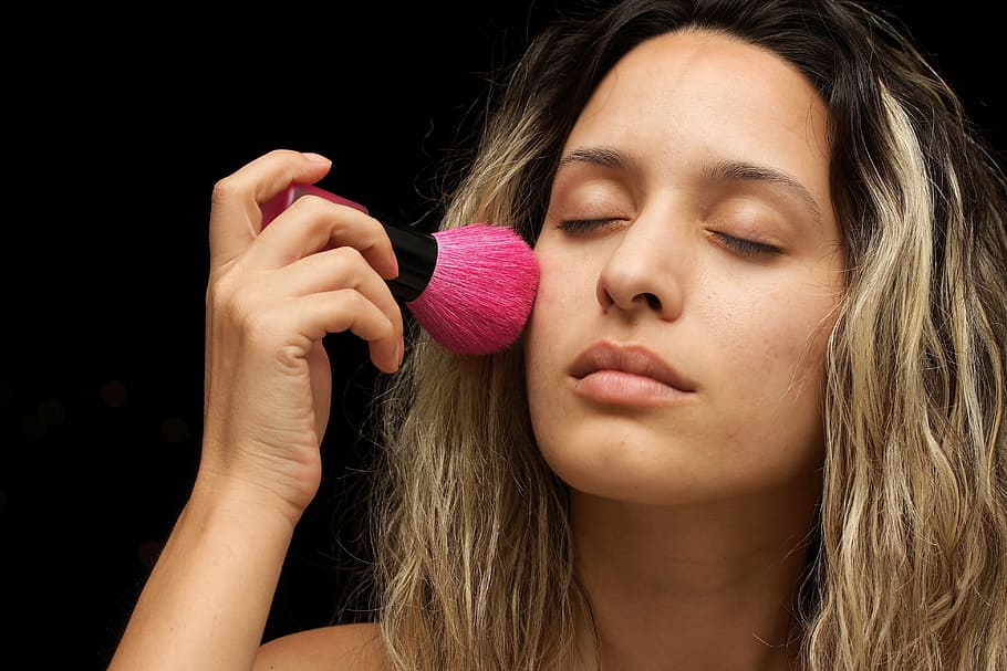 woman, holding, pink, make-up brush, women makeup, model, exposure, photography, fashion, hair