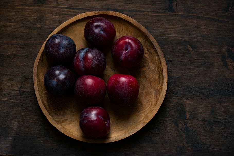red, apples, brown, bowl, apple, fruits, wooden, plate, table, juicy
