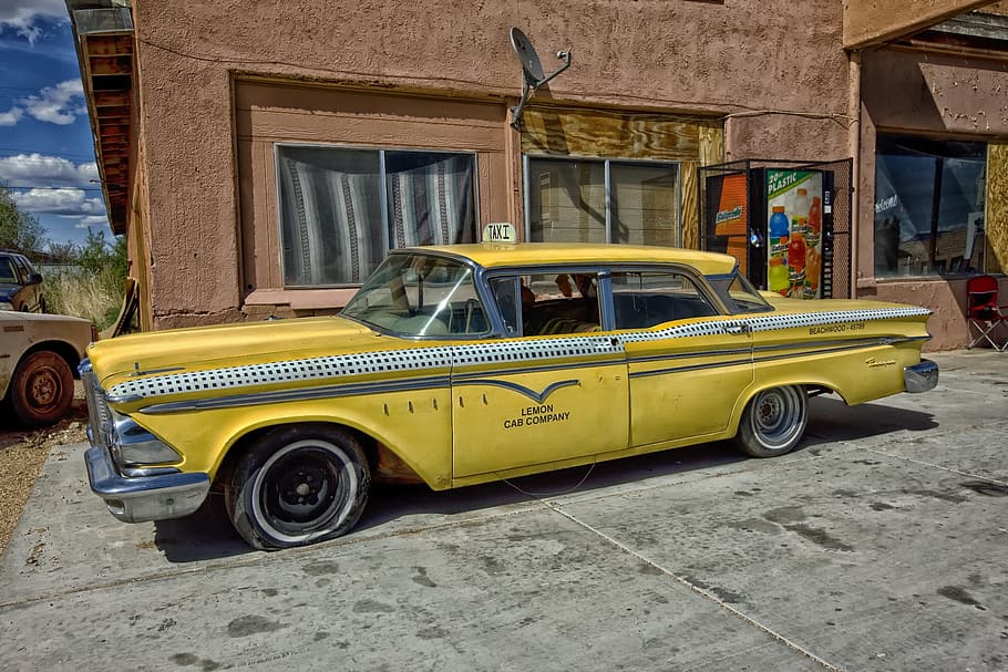 classic, yellow, sedan taxi cab, parked, concrete, building, vintage, sedan, gray, floor