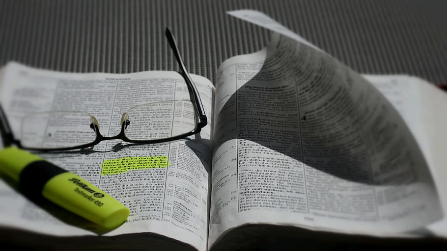 eyeglasses, yellow, highlighter, white, book, bible, study, read, learn, know