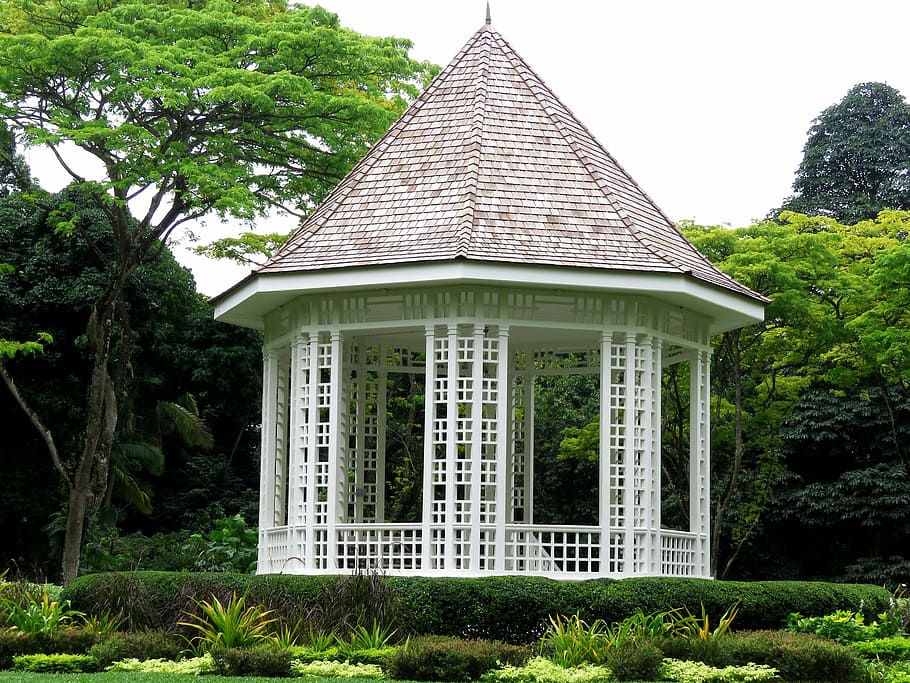white, red, gazebo, surrounded, trees, Singapore, Botanic, Garden, Garden, Building, botanic, garden