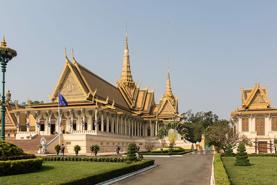 brown, white, concrete, temple, sky, Phnom Penh, Royal Palace, Cambodia, Asia, palace