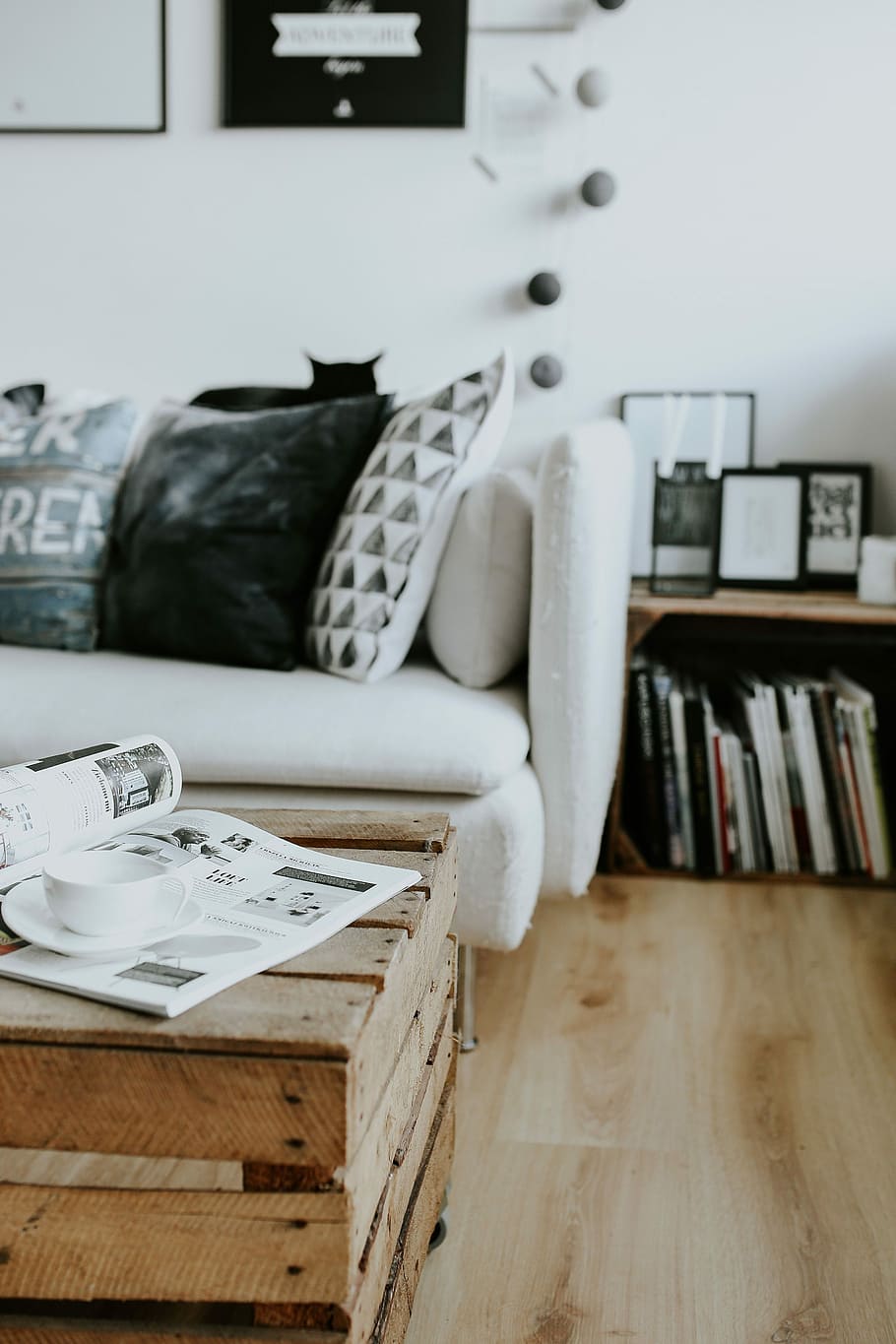 black-and-white, home decor, Contemporary, white home, interior, sofa, magazines, modern, table, cat