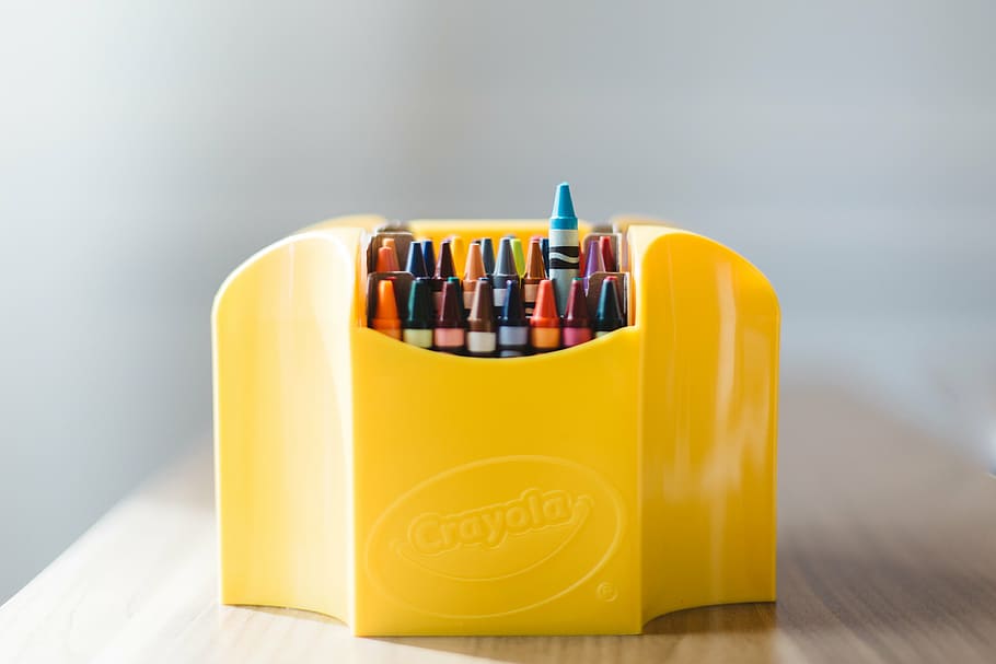 set, crayons, yellow, crayola crayon organizer, art, case, colorful, wooden, table, school