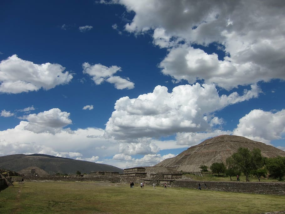 mexico, ruins, teotihuacan, pyramid, blue sky, sky, cloud - sky, mountain, landscape, environment