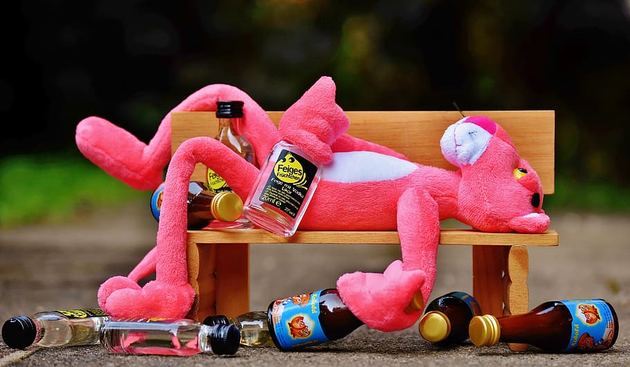 pink, panther, plush, toy, lying, bench, the pink panther, drink, alcohol, drunk