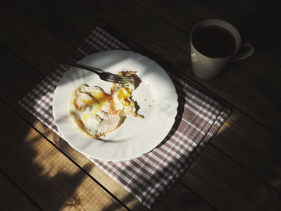 table, cloth, plate, fried, egg, coffee, cup, food and drink, food, freshness