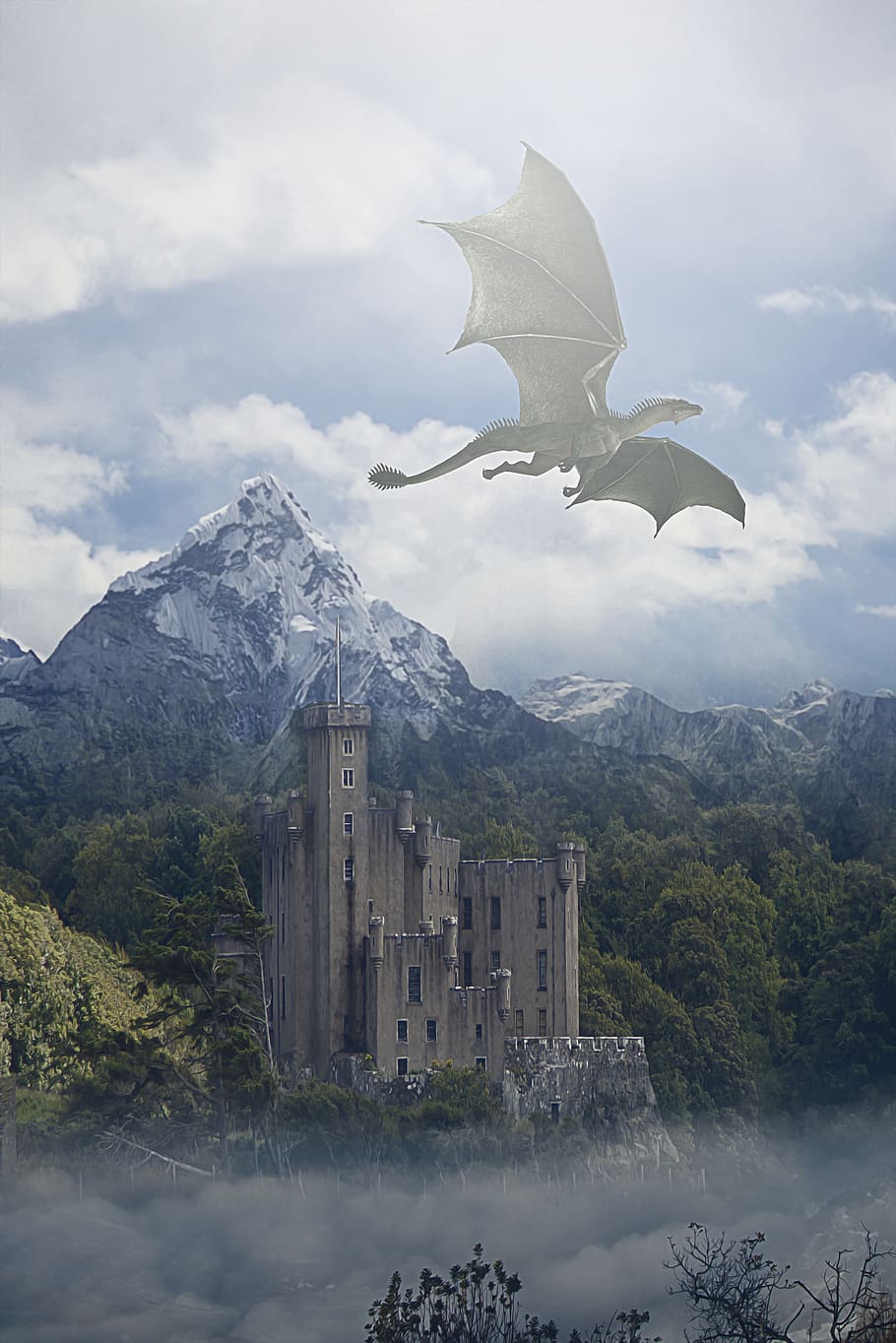 dragão, voando, céu, nuvens, montanhas, árvores, castelo, fantasia, paisagem, paisagem fantástica