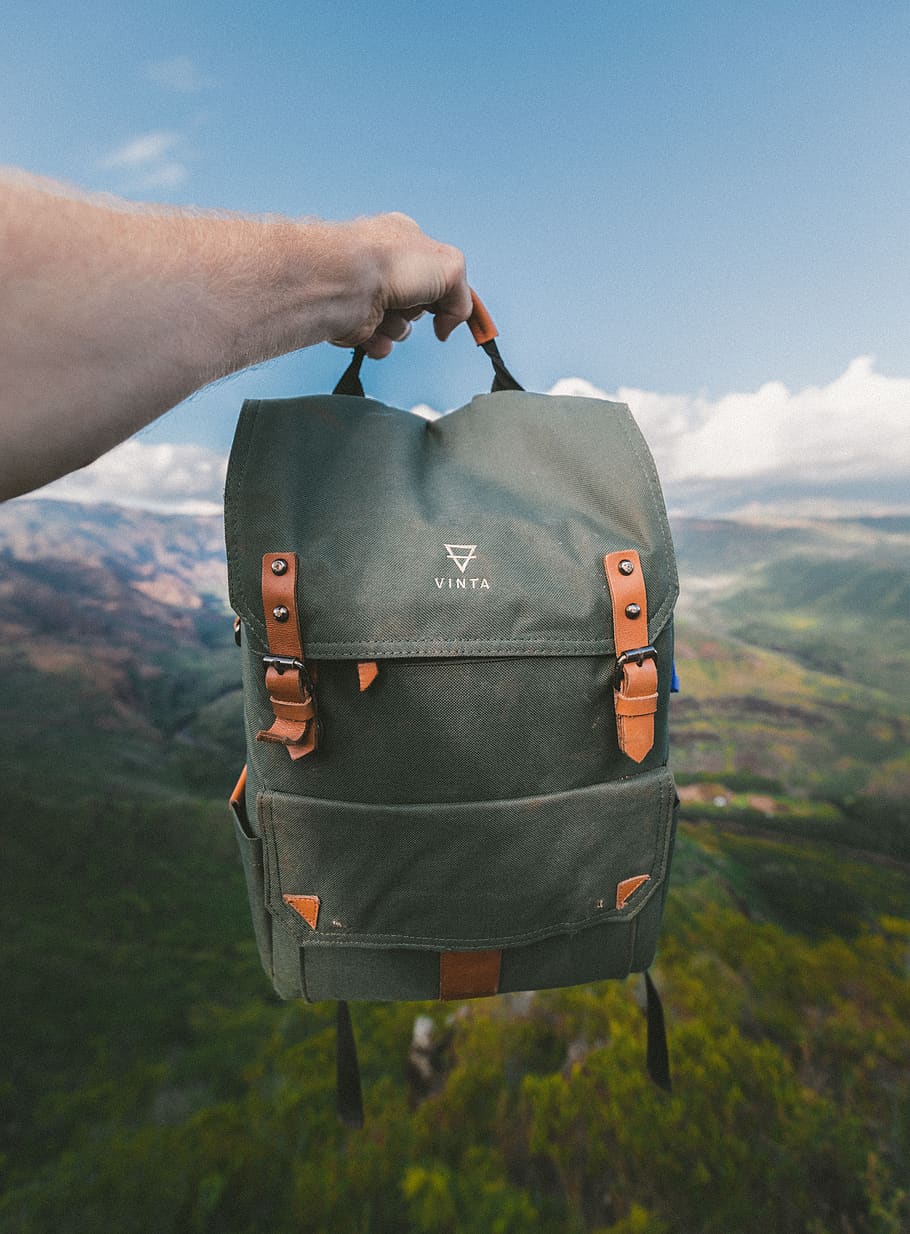 bag, backpack, travel, outdoor, adventure, nature, view, peak, trees, hihgland