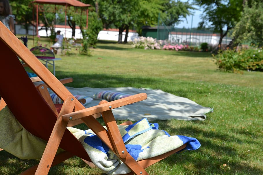 picnic, deck chair, garden, relax, rest, summer, idyllic, meadow, break, leisure