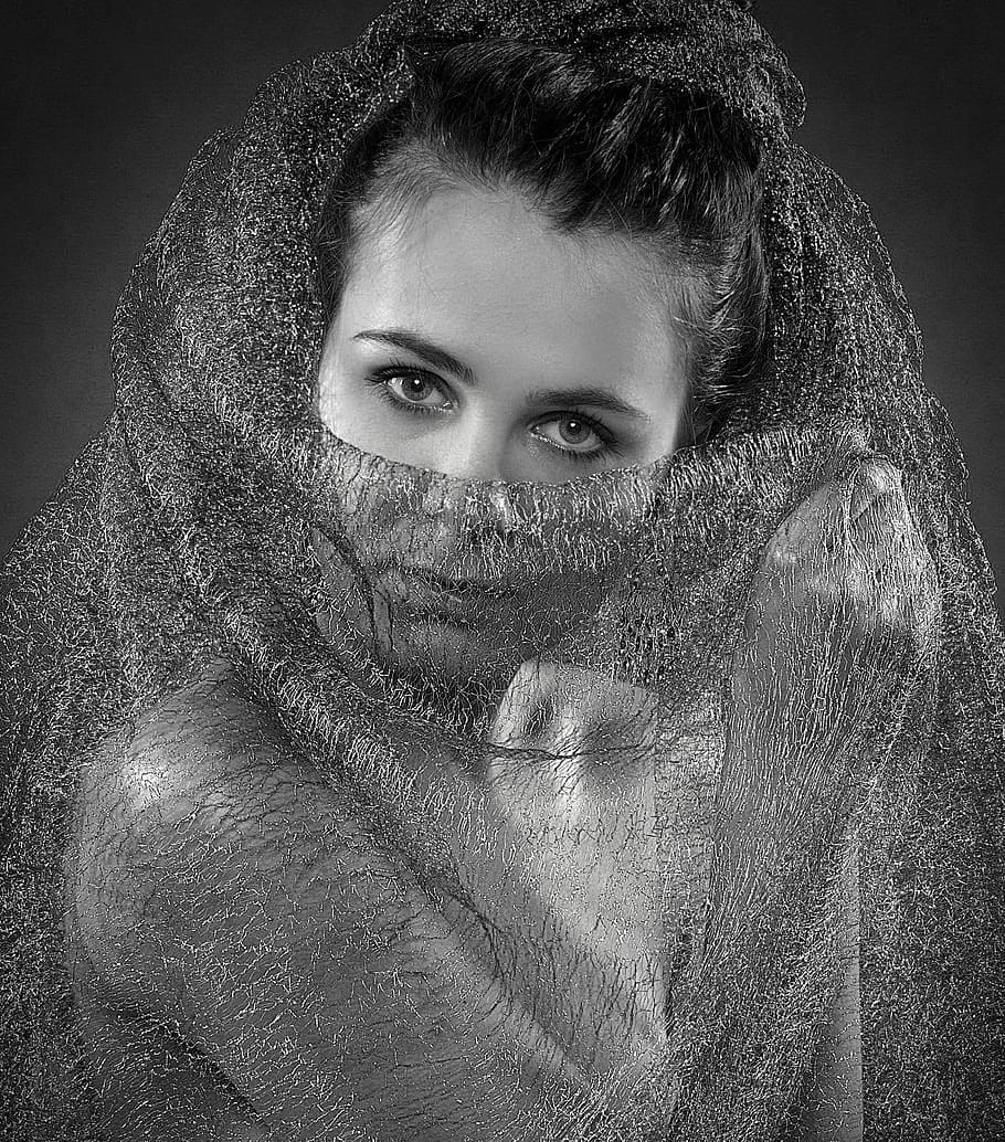 grayscale photo, wearing, scarf, girl, portrait, face, shadowed, tulle, whether, beauty