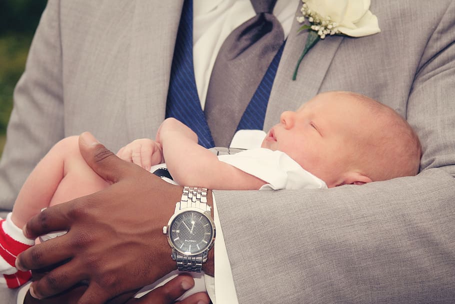 man, round silver-colored analog, watch, link bracelet, baptism, baby, newborn, infant, adorable, sweet