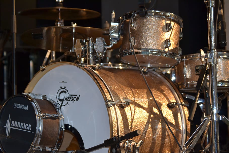 brown drum set, drums, band, jazz, rock, gold, drumset, musical instrument, drum - percussion instrument, drum