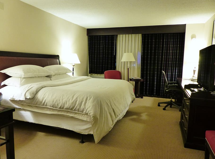 bedroom, rolling, chair, black, curtains, hotel, room, motel, sleep, philadelphia