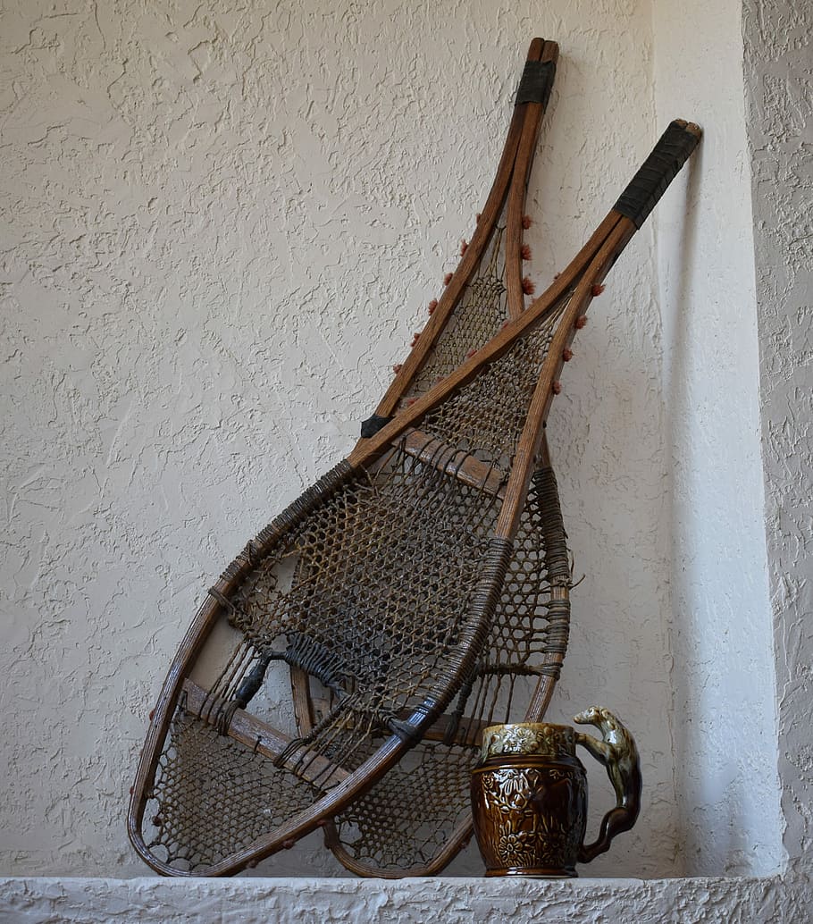 Antique, Snowshoes, Mug, antique snowshoes and mug, 120 years old, classic, sport, equipment, wooden, winter