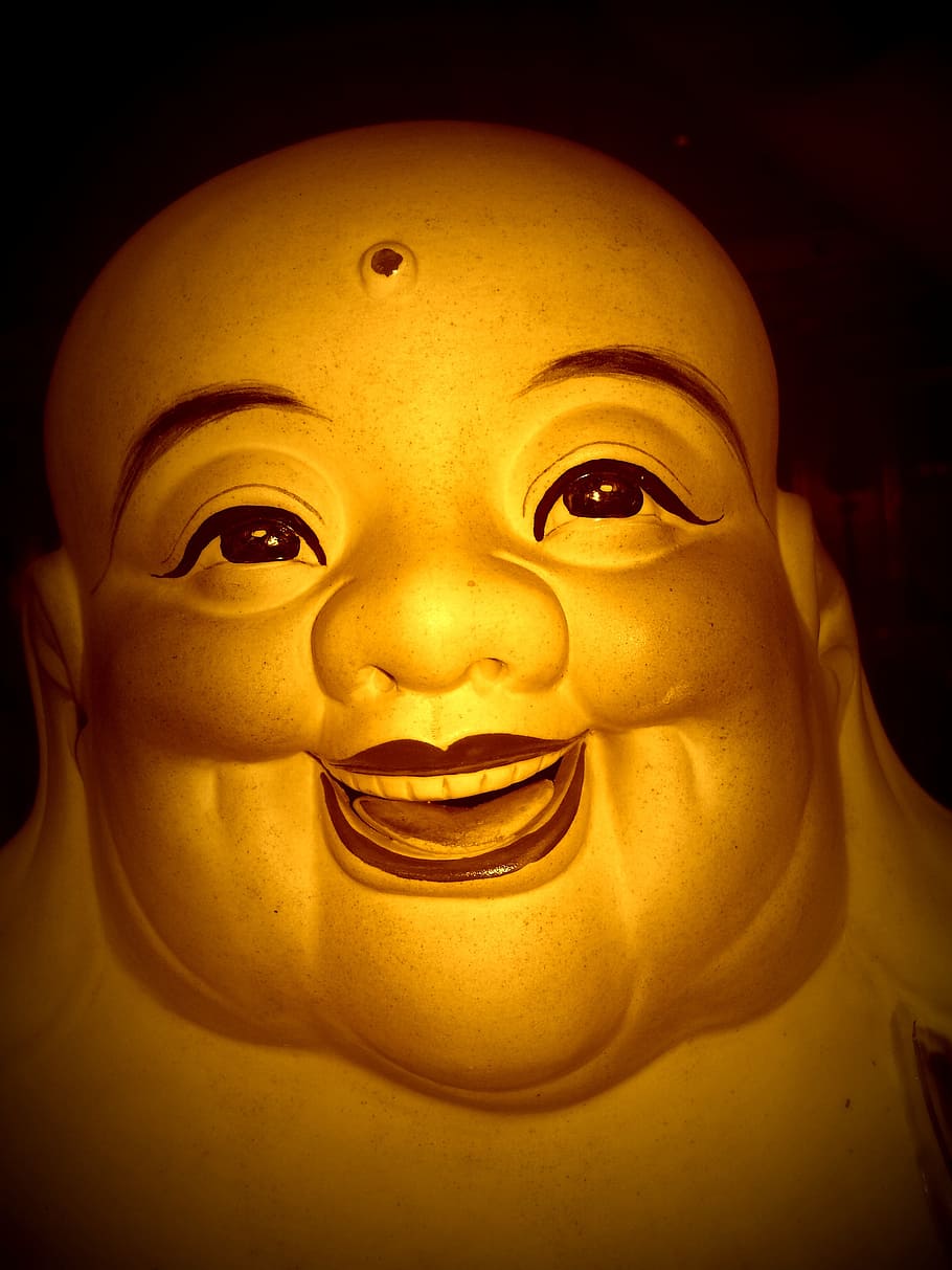 buddha, laugh, asia, peace, face, thick, golden, yellow, statue, human representation