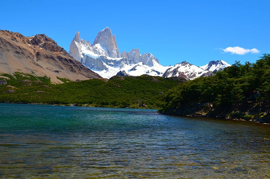 lake, green, mountain, snowy, green mountain, snowy mountain, torres del paine, patagonia, chanten, calafate